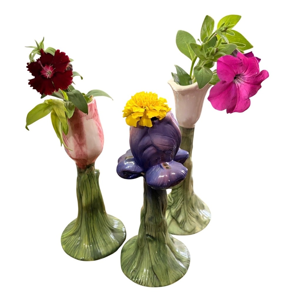Set of 3 Bud Vases Hand-Painted Ceramic Floral Green Leafy Stems 7.5" Cottagecor
